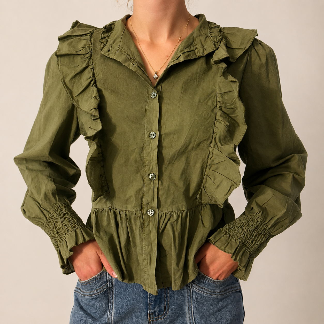 Khaki Ruffle Blouse - 3031