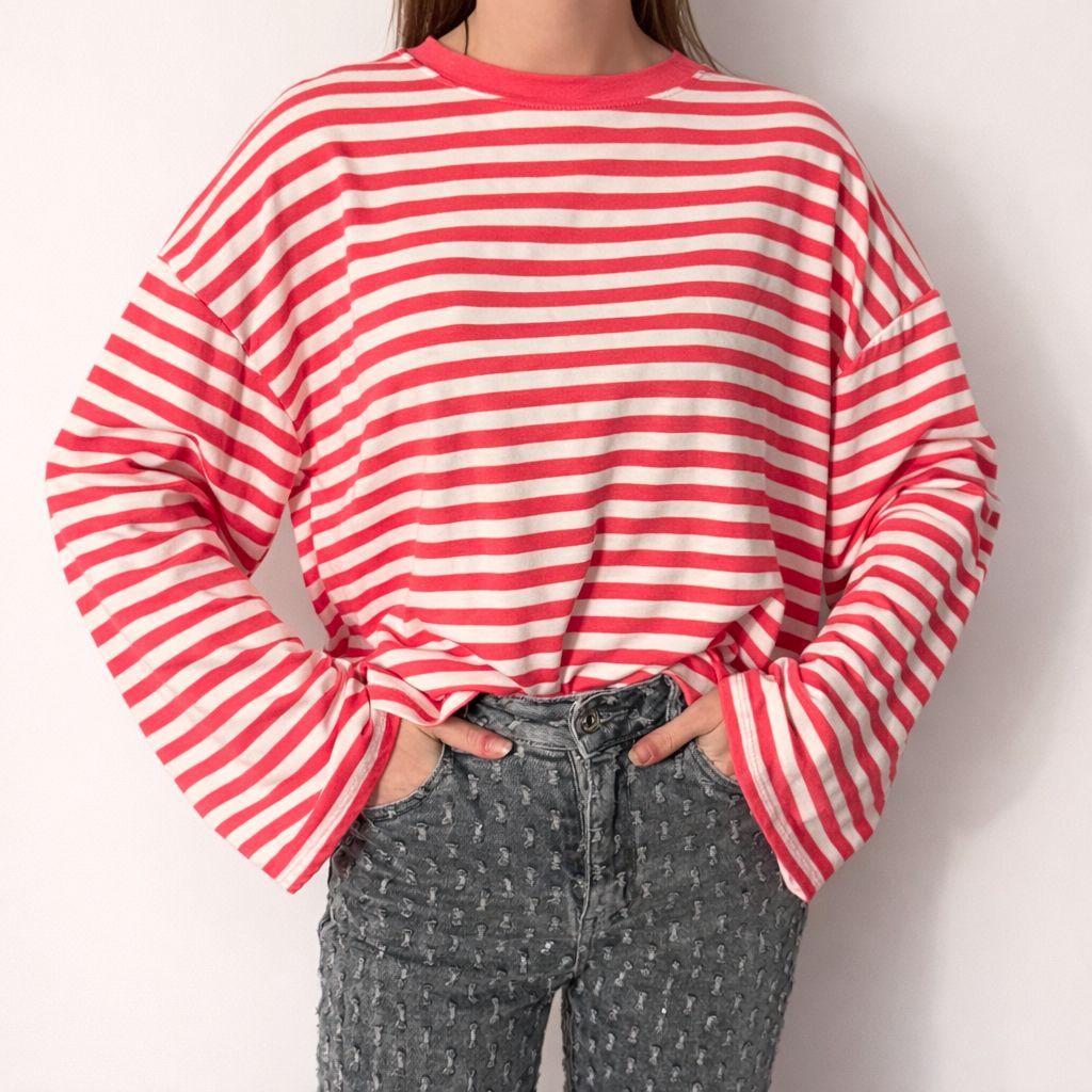 Striped long-sleeved shirt Wit/Roze - 3021